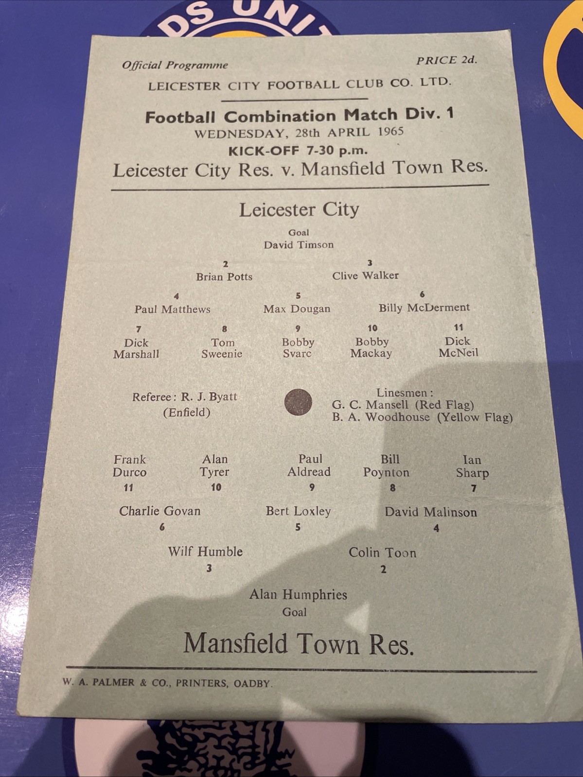 Leicester City Reserves V Mansfield Town Reserves 64/65 Single Card Prog for sale on Ebay