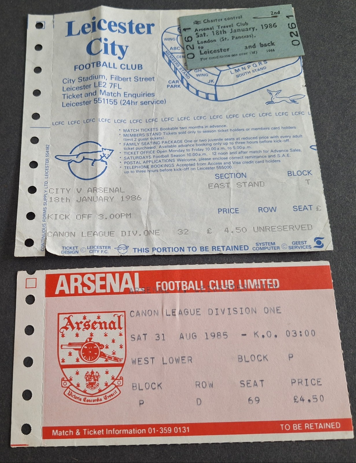 Arsenal v Leicester City Home And Away Tickets 1985/86 Season for sale on Ebay