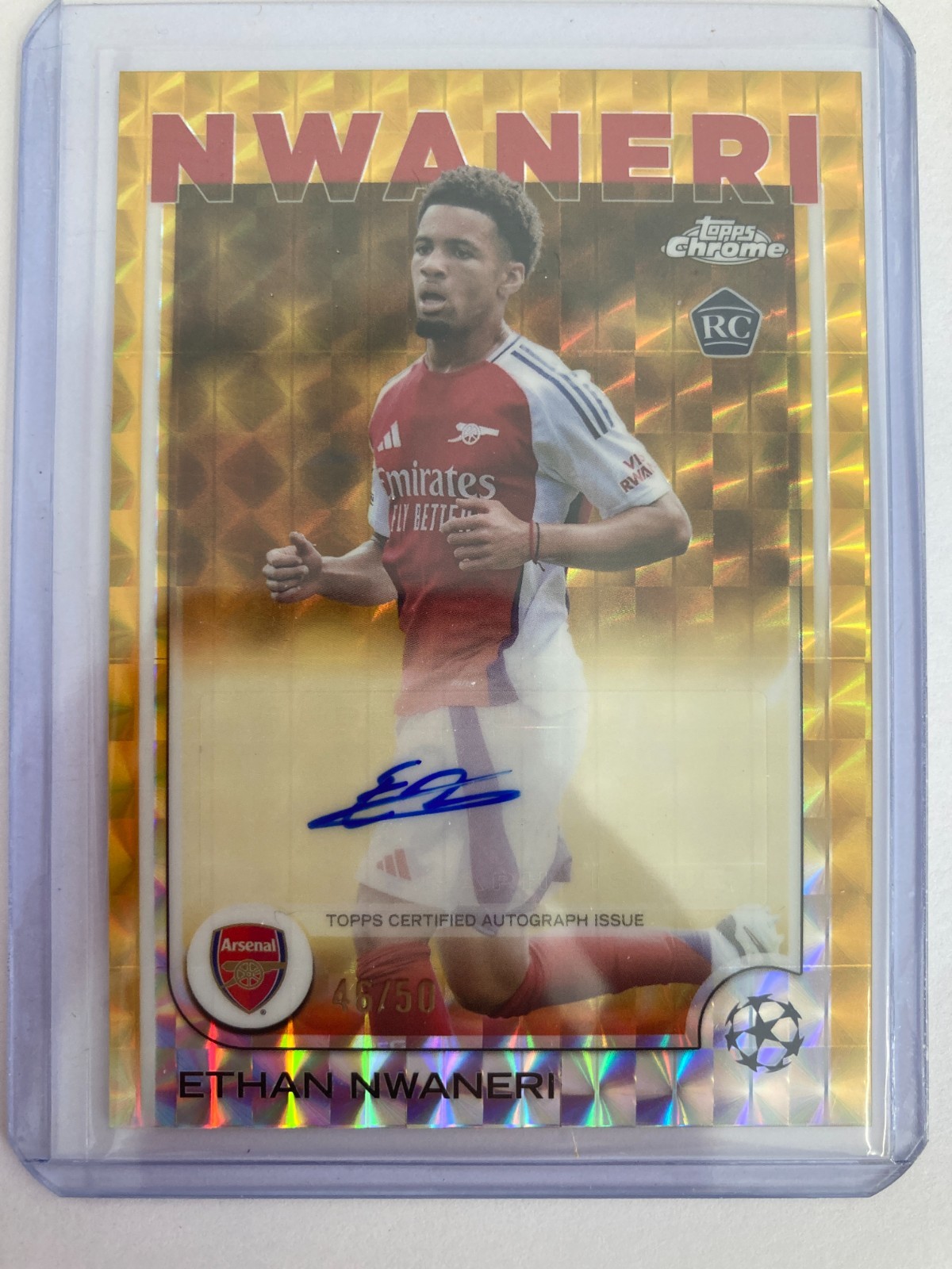 TOPPS CHROME 2025 ETHAN NWANERI ARSENAL GOLD PRISM AUTO 046/50. for sale on Ebay