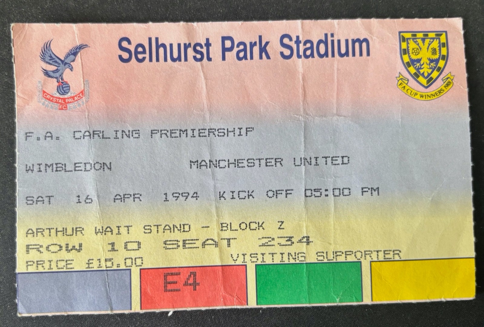 Crystal Palace v Manchester United ticket stub 16th April 1994 Premier League for sale on Ebay