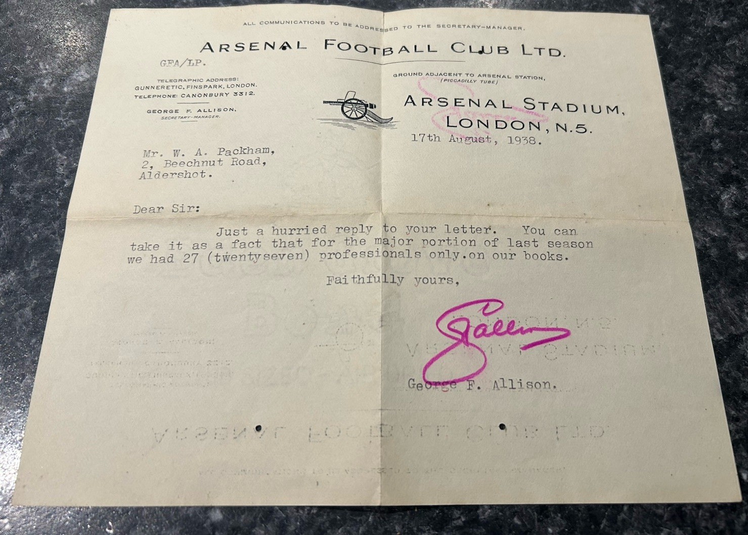 Arsenal FC vintage 1938 football club letter Squad Size Highbury Arsenal Stadium for sale on Ebay