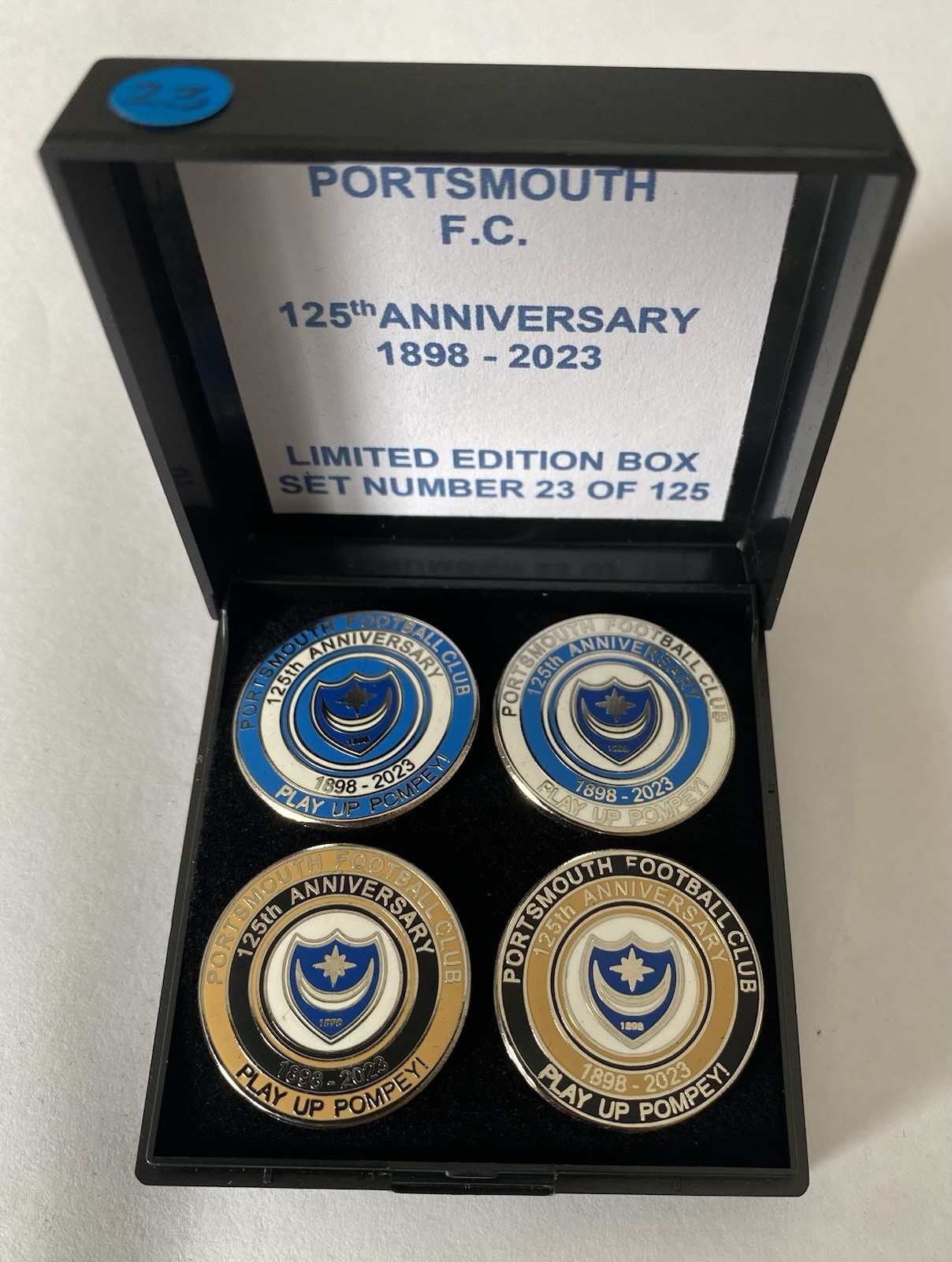 PORTSMOUTH Football Club FC Badge 125th ANNIVERSARY YEAR LIMITED ED Box Pin Set for sale on Ebay
