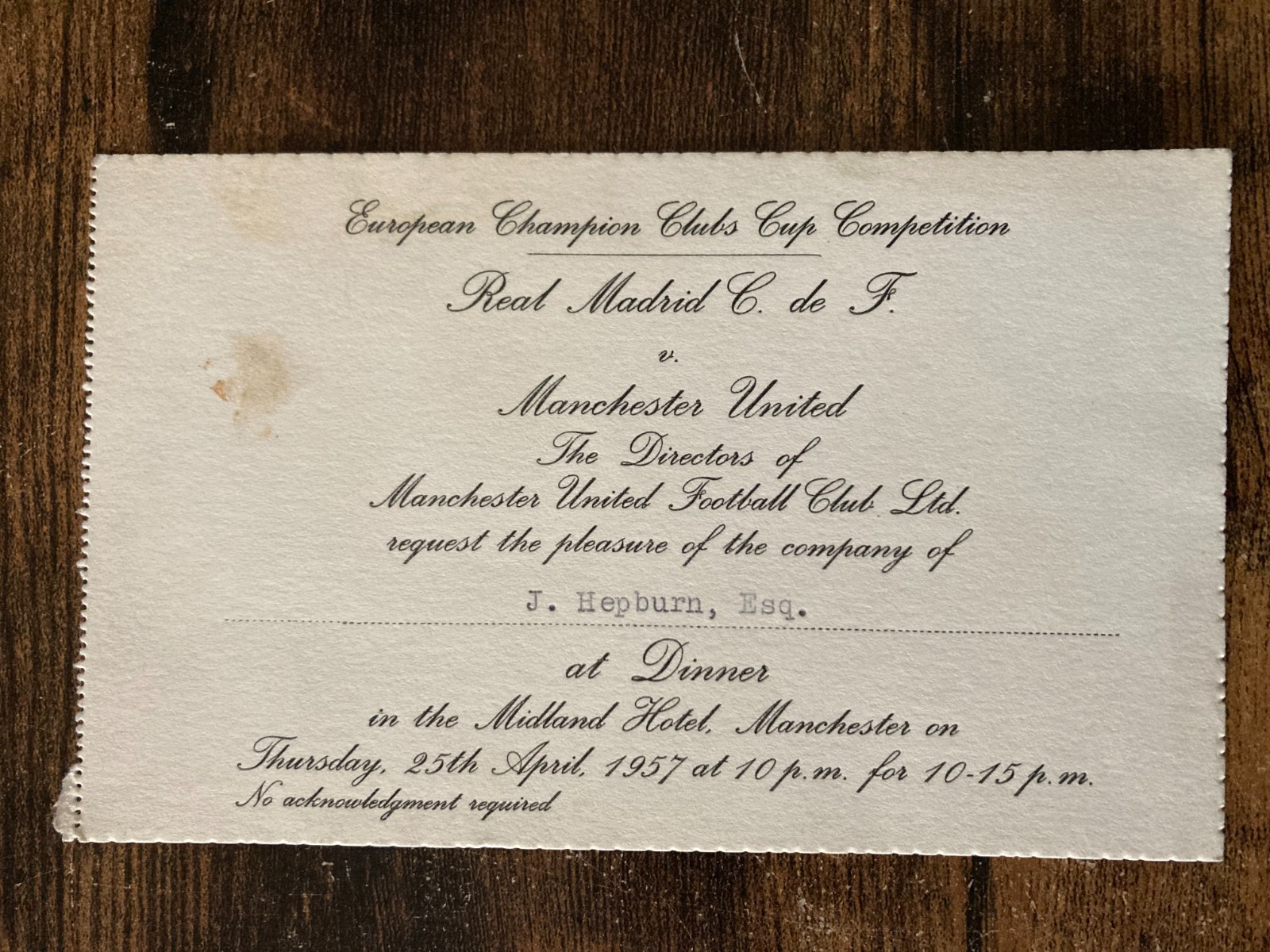 Banquet TICKET Manchester United v Real Madrid 1957 European Cup Semi-Final for sale on Ebay