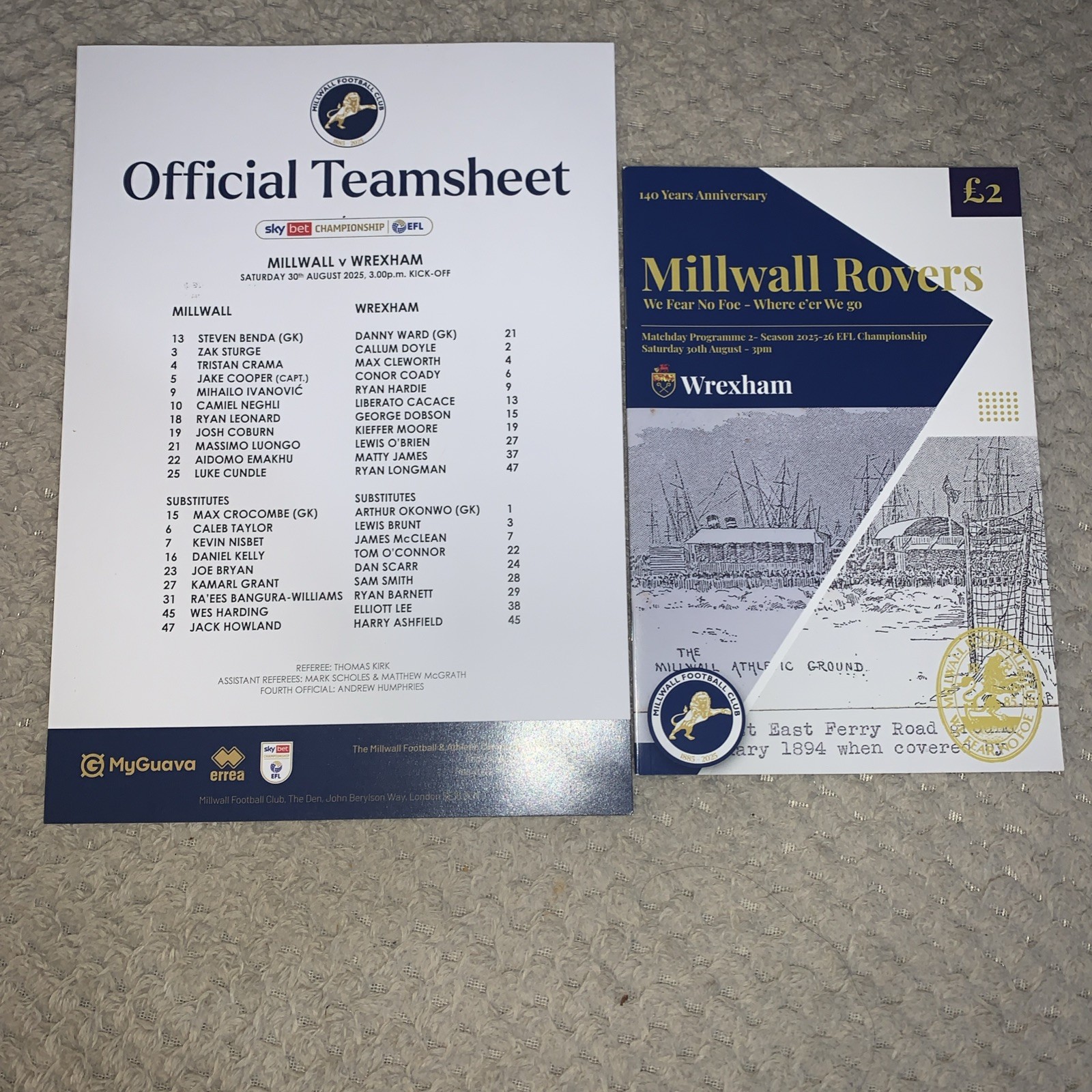 Millwall V Wrexham Match Programme & Team Sheet Saturday 30th  August 2025 for sale on Ebay