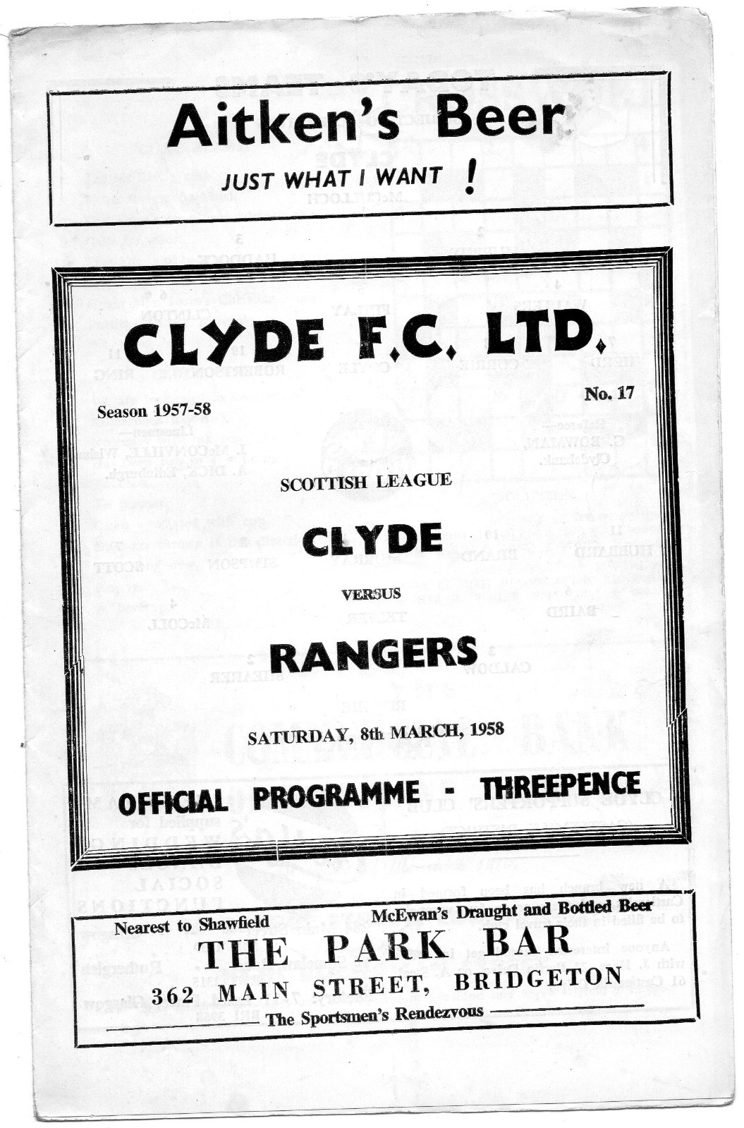 CLYDE V RANGERS,LEAGUE,8/3/1958,8 PAGE FOLD OUT. for sale on Ebay