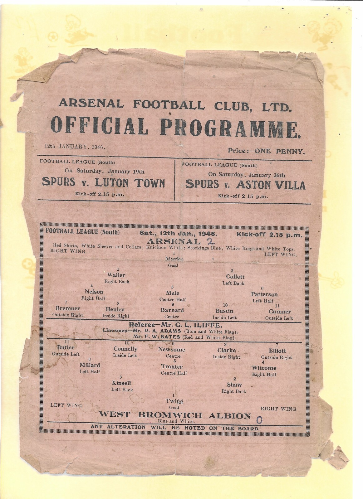 ORIGINAL PROGRAMME - ARSENAL v WEST BROMWICH ALBION (WBA) 12 JANUARY 1946 for sale on Ebay