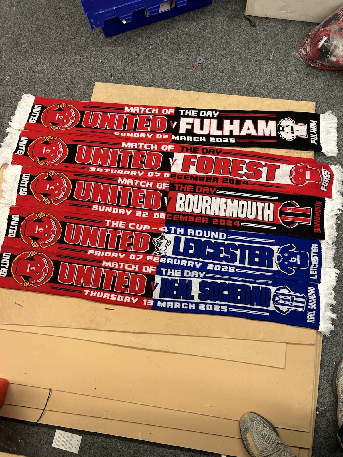 FIVE NEW MANCHESTER UNITED MATCH DAY SCARVES FROM OLD TRAFFORD *SEE DESCRIPTION* for sale on Ebay