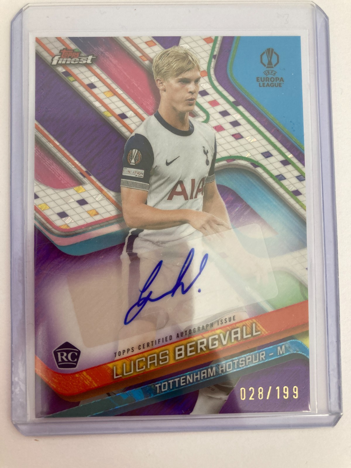 TOPPS FINEST 2025 LUCAS BERGVALL TOTTENHAM HOTSPUR PURPLE SHIMMER AUTO 028/199. for sale on Ebay