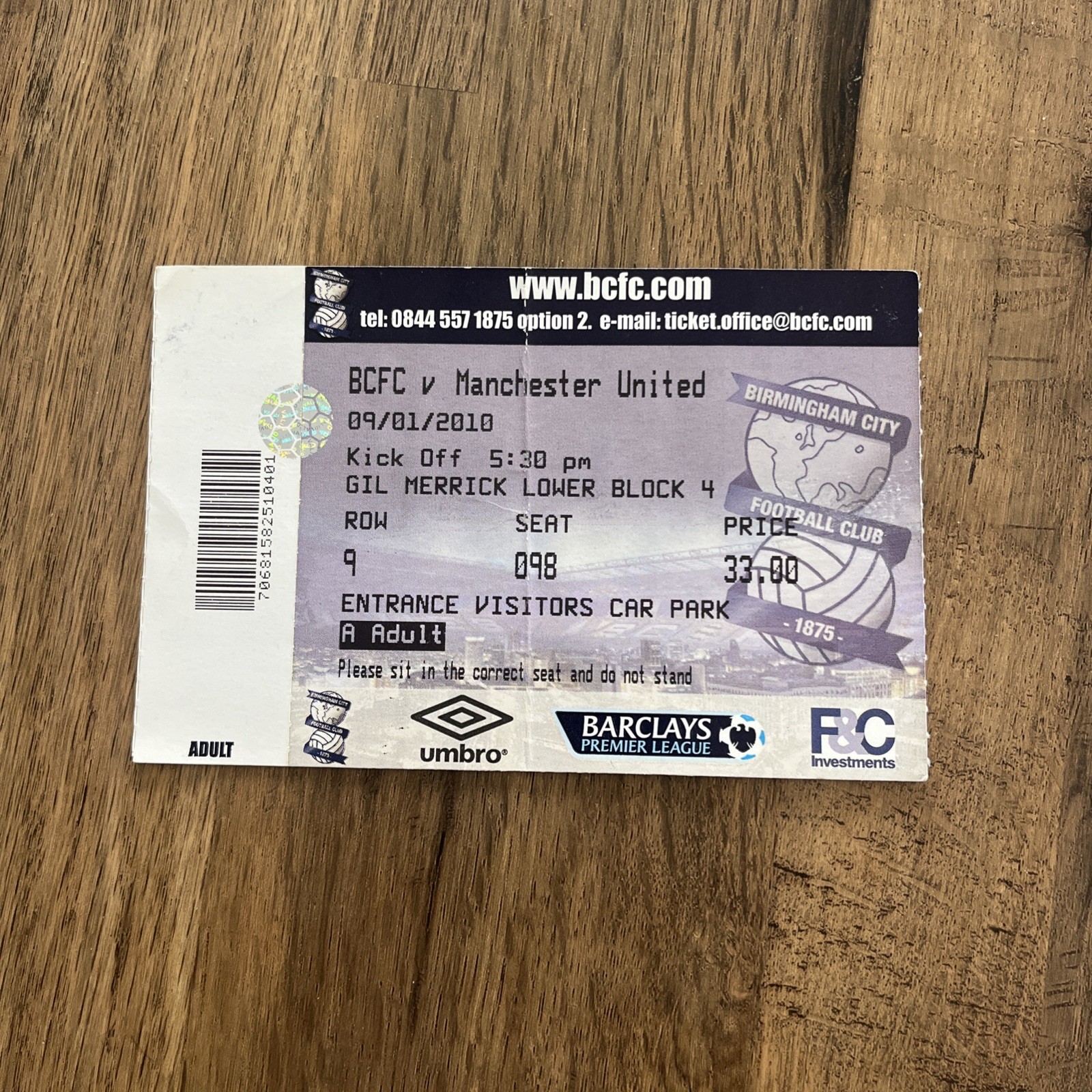 Birmingham Vs Manchester United Away Ticket(United End) 2010 for sale on Ebay