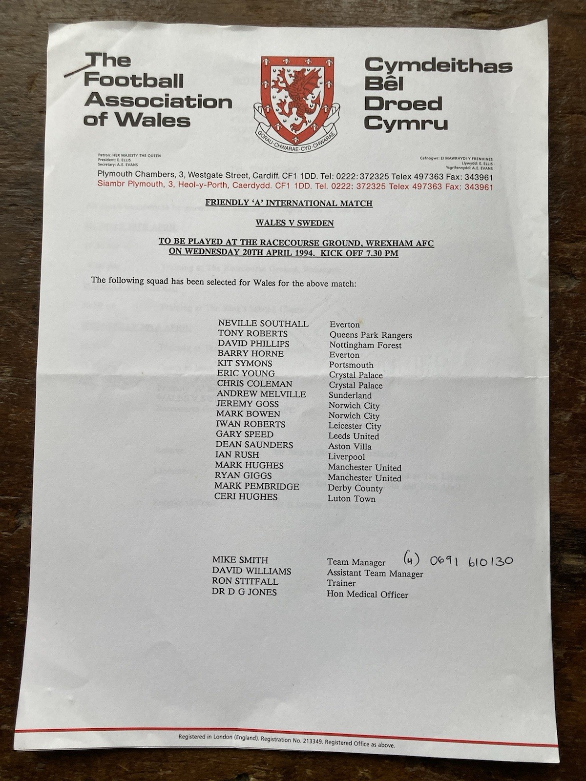 Apr 1994 Wales FA 3 Page Letter To Derby County re Mark Pembridge v Sweden. for sale on Ebay