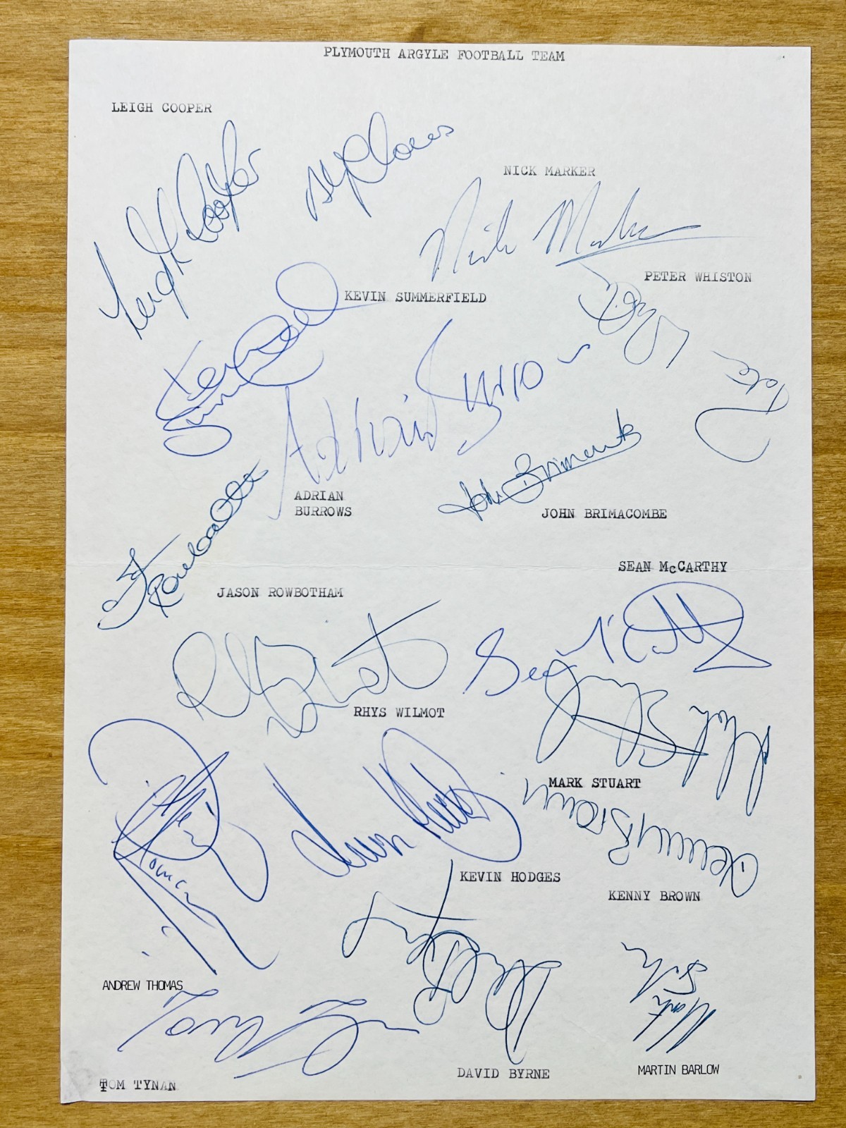 Hand Signed A4 Team Sheet - Plymouth Argyle FC 1989/90 season - 17 signatures for sale on Ebay