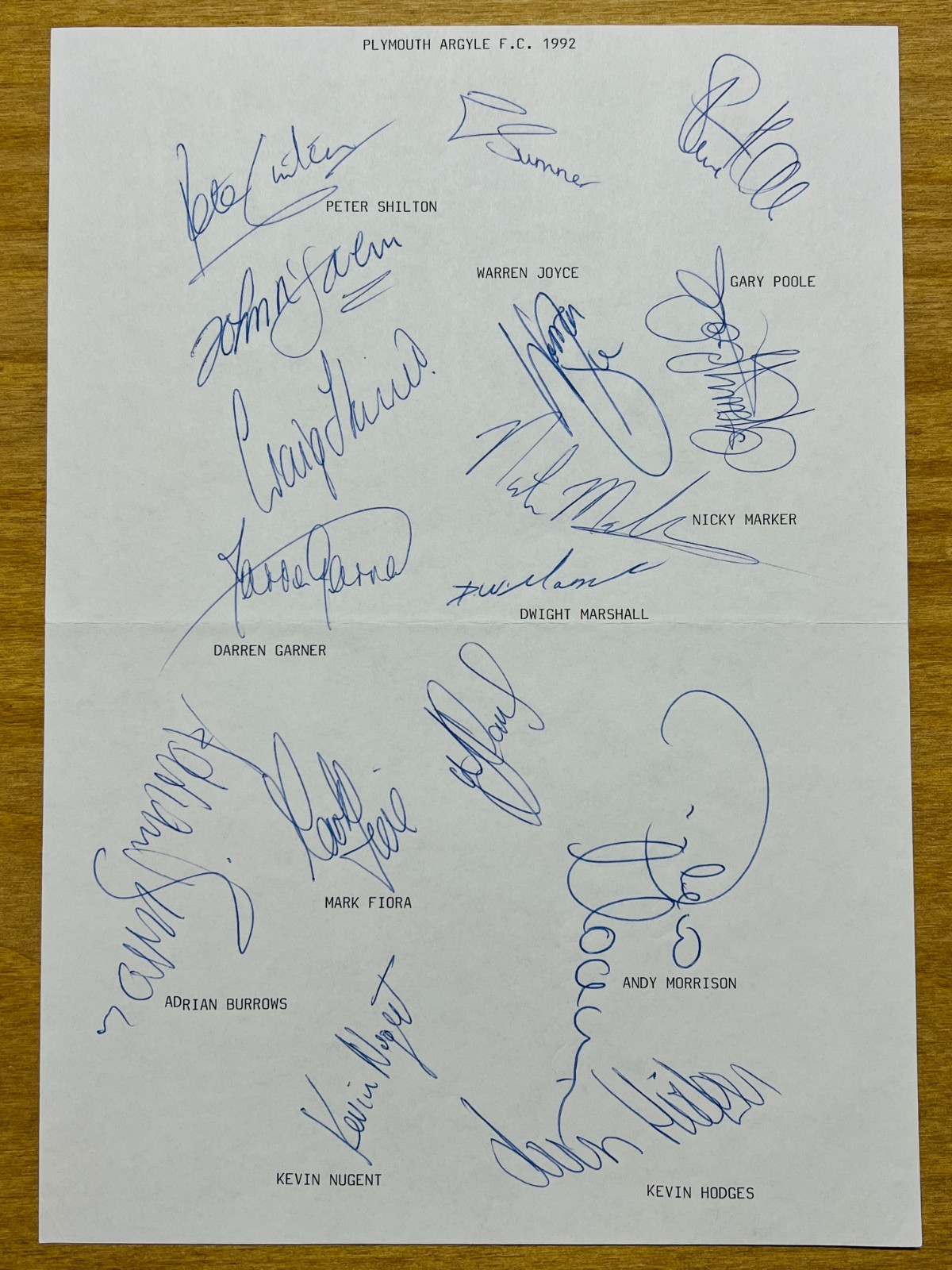 Hand Signed A4 Team Sheet - Plymouth Argyle FC 1992 season - 16 signatures for sale on Ebay