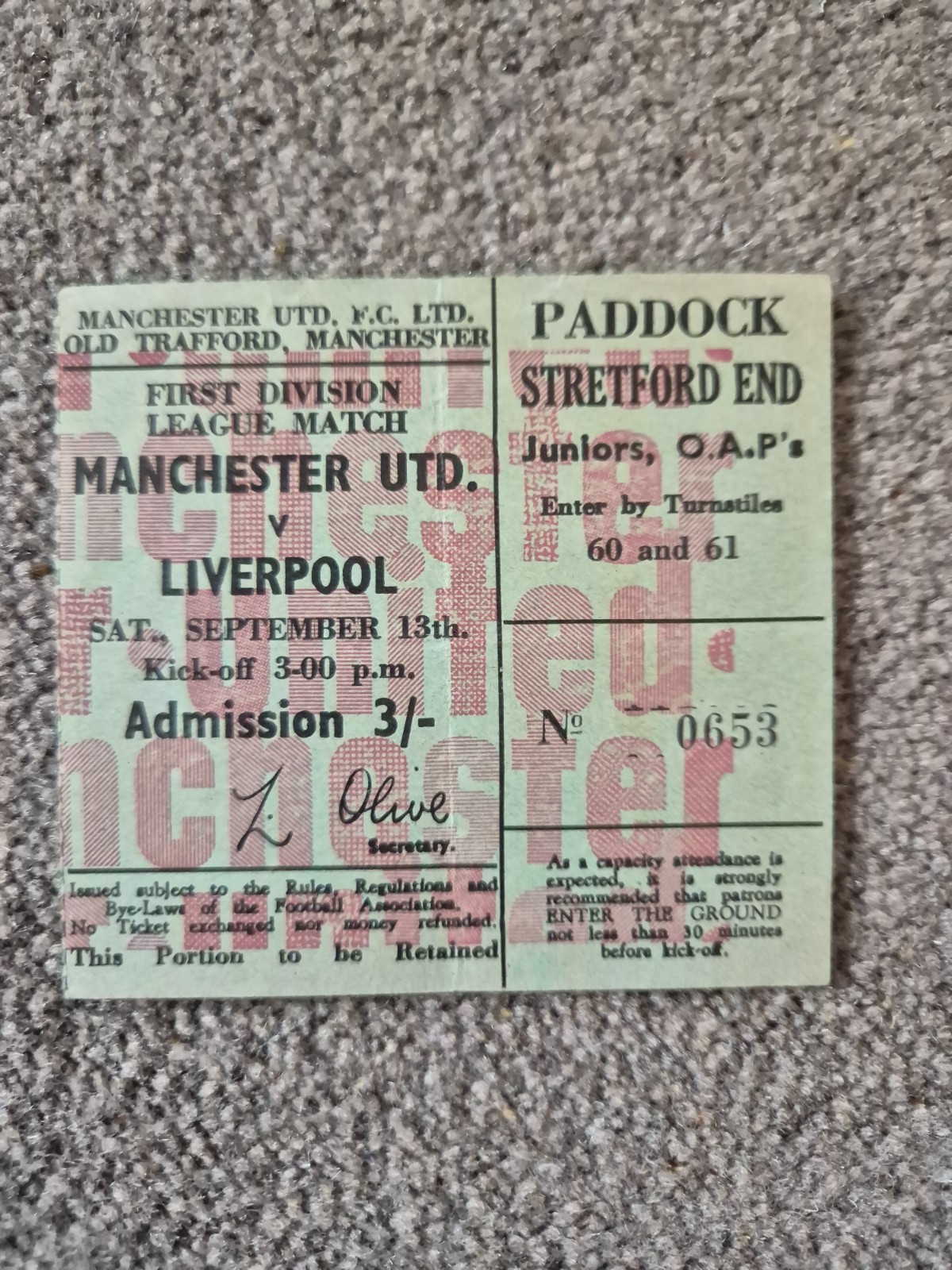 MANCHESTER UNITED v LIVERPOOL match ticket13/9/69 for sale on Ebay