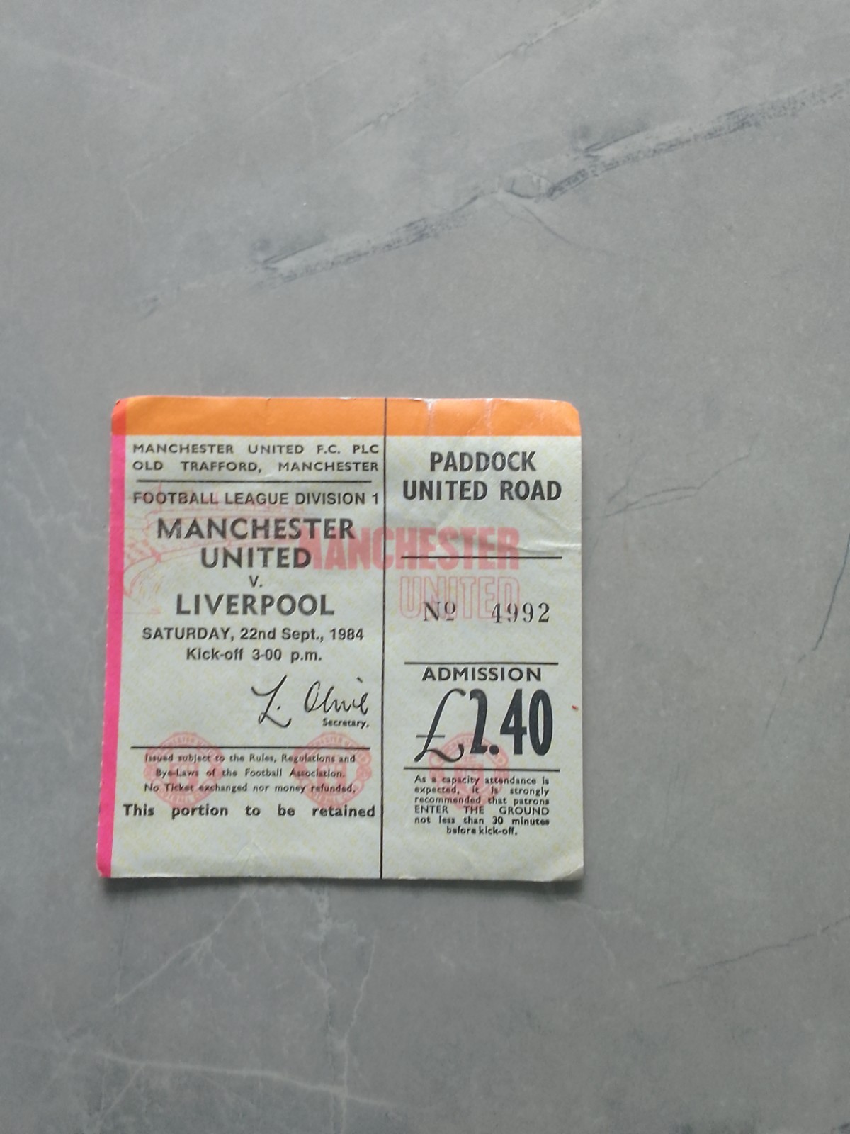 Manchester United v Liverpool Division 1 September 1984 Match Ticket Stub for sale on Ebay
