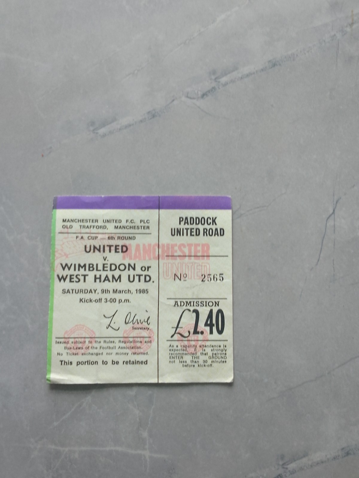 Manchester United match Ticket Stub F A Cup 6th Round March 1985 for sale on Ebay