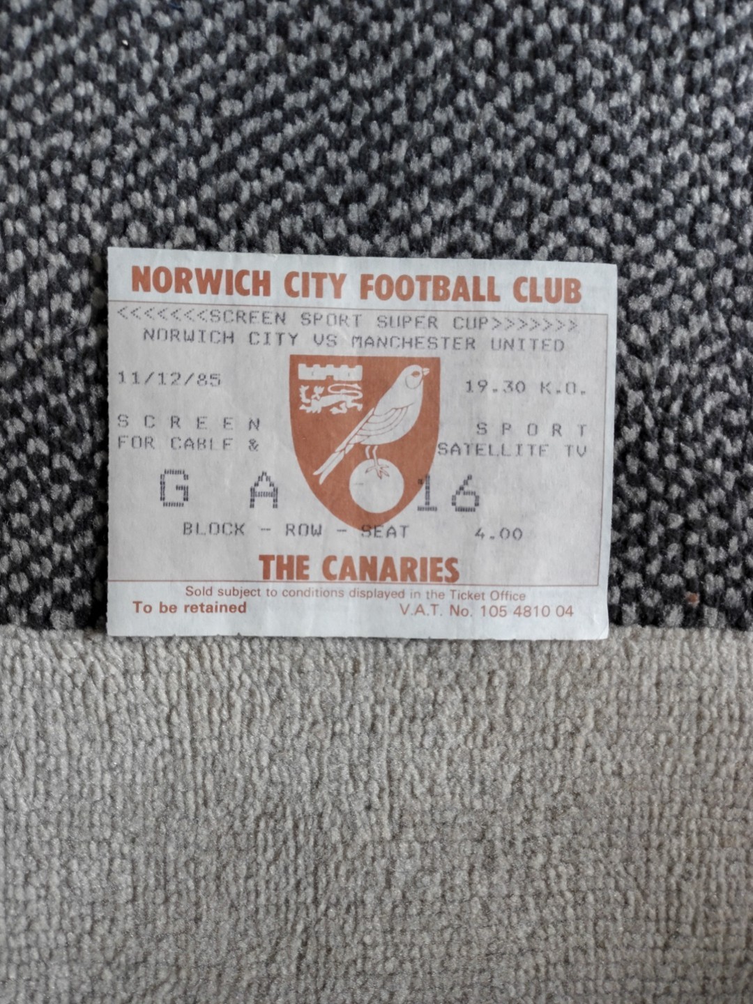 11/12/85'SCREEN Sport Super Cup Norwich City V Man Utd Ticket Stub for sale on Ebay