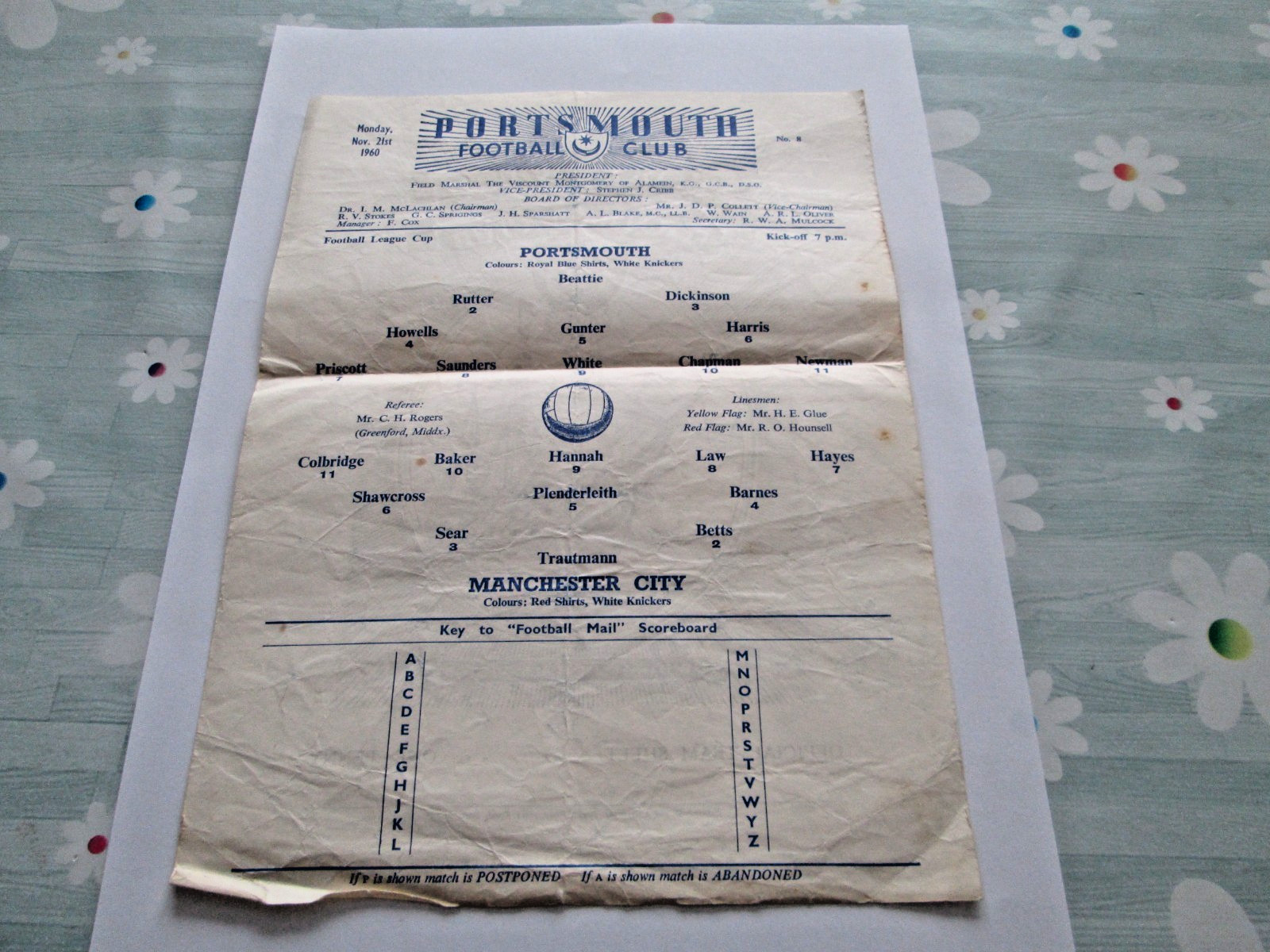 RARE PORTSMOUTH V MANCHESTER CITY SHEET L.CUP 21.11.1960 for sale on Ebay