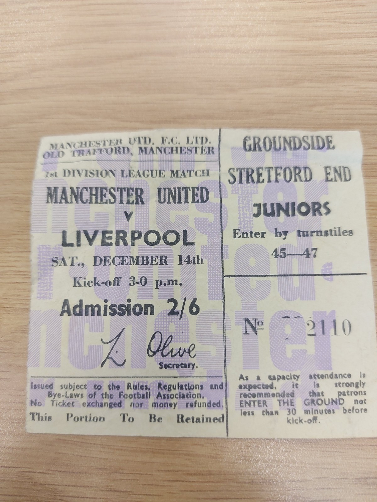 TICKET STUB MANCHESTER UNITED V LIVERPOOL 1968 for sale on Ebay