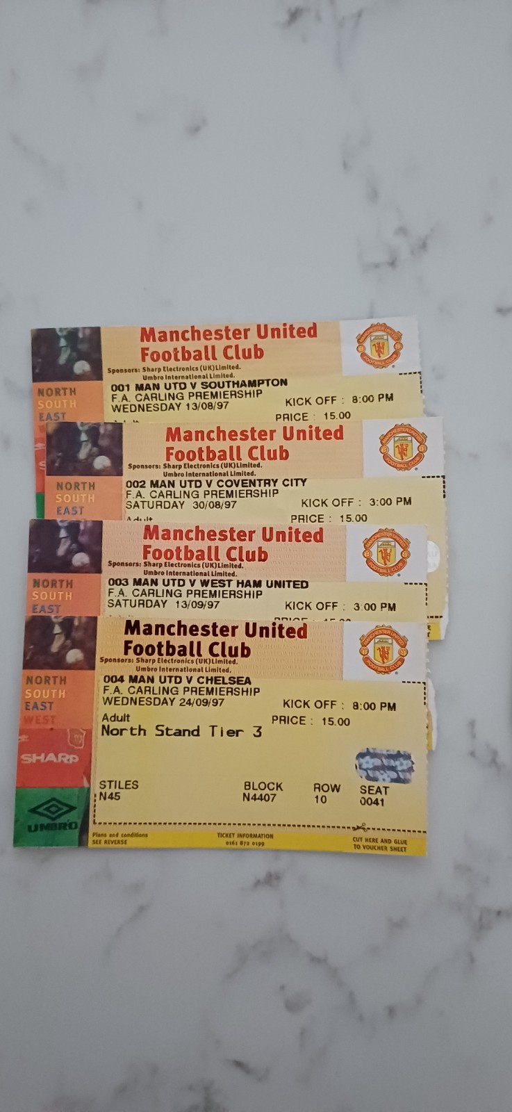 1997/1998 MANCHESTER UNITED PREMIER LEAGUE HOME TICKETS x 4 (Set A) for sale on Ebay