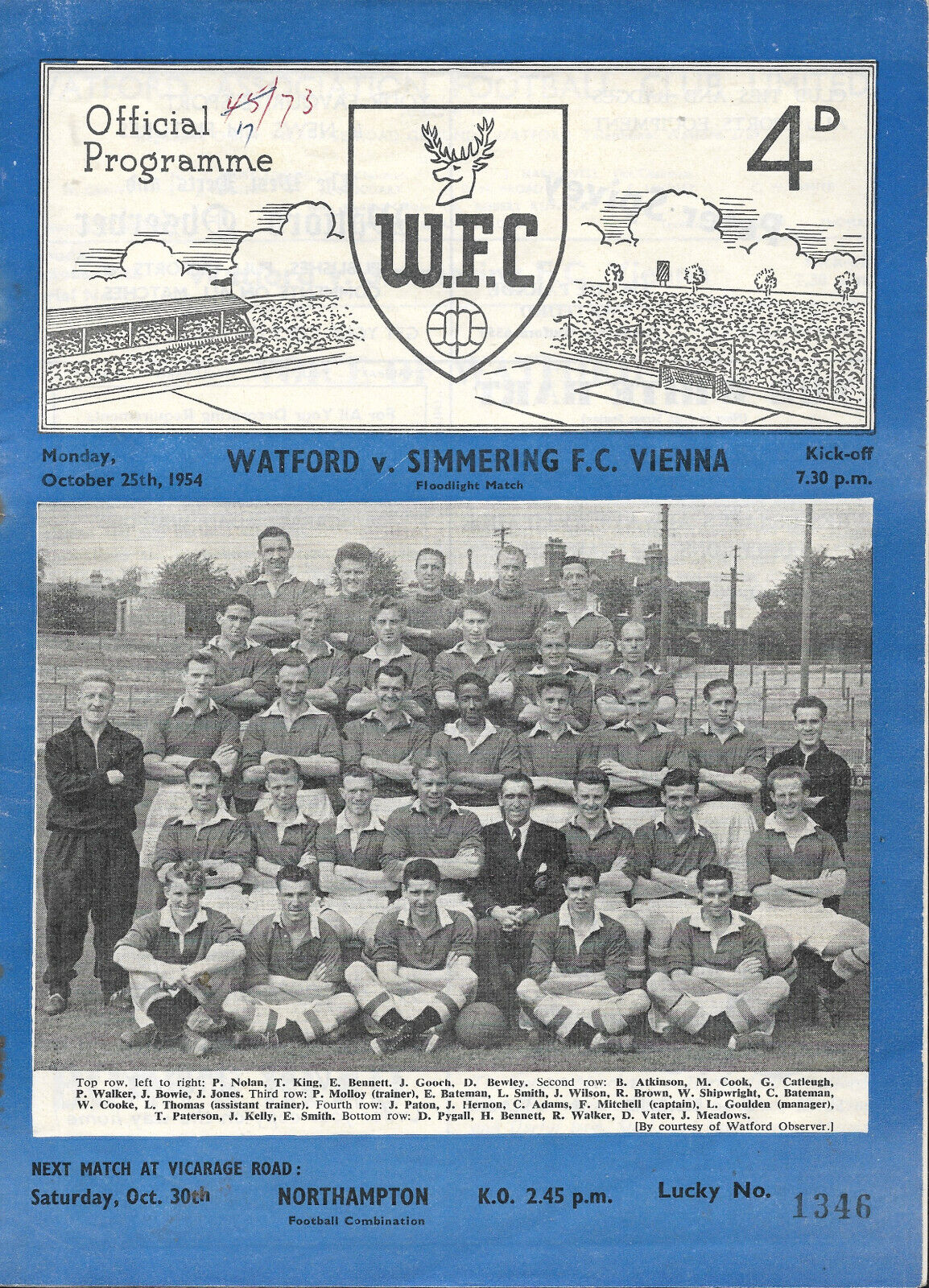 Watford v Simmering F.C. Austria. Friendly Match. 1954-1955. ABANDONED MATCH FOG for sale on Ebay