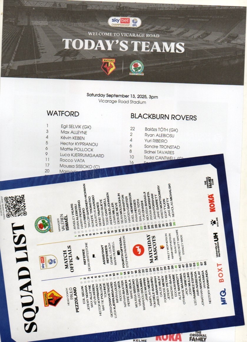 WATFORD V BLACKBURN ROVERS 25/26 TEAM SHEET + SQUAD LIST for sale on Ebay