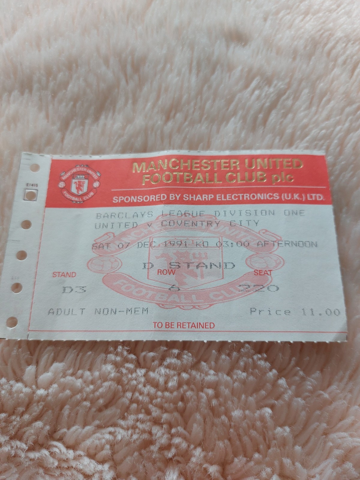 MANCHESTER UNITED v COVENTRY CITY DIVISION ONE FOOTBALL TICKET 7TH DEC 1991 for sale on Ebay