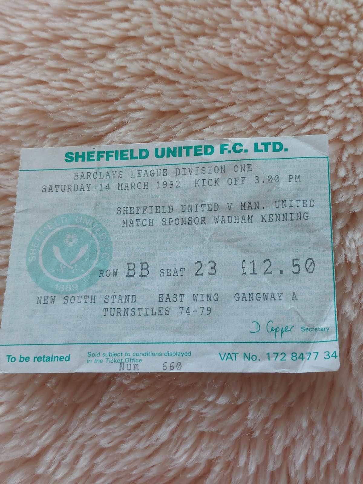 SHEFFIELD UNITED  v MANCHESTER UNITED FOOTBALL TICKET DIVISION ONE MARCH 14 1992 for sale on Ebay
