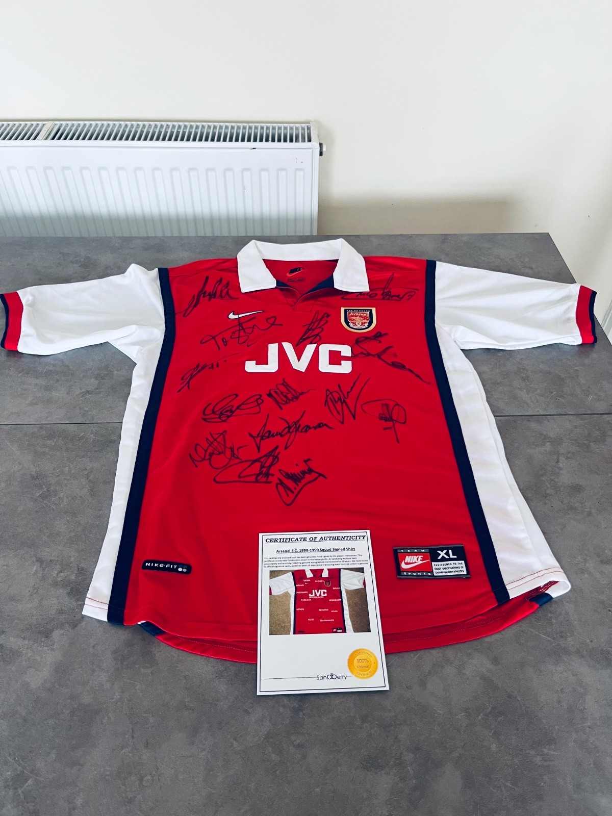 Very Rare Arsenal 1998/1999 squad signed Home Shirt + COA + Signature Map! for sale on Ebay