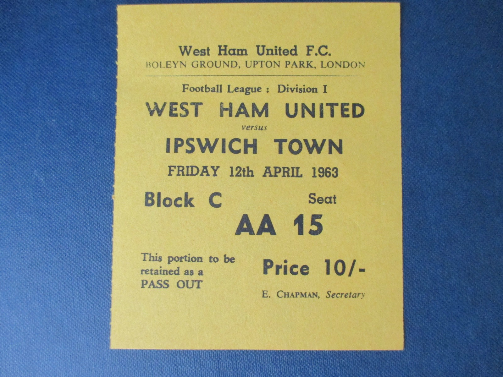 West Ham United v Ipswich Town First Division April 1963 used ticket stub vgc for sale on Ebay