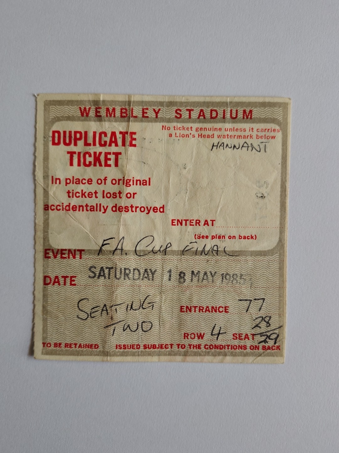 Duplicate 1985 FA Cup final Ticket  For Row 4 Seats 28/29 Everton v Man Utd for sale on Ebay