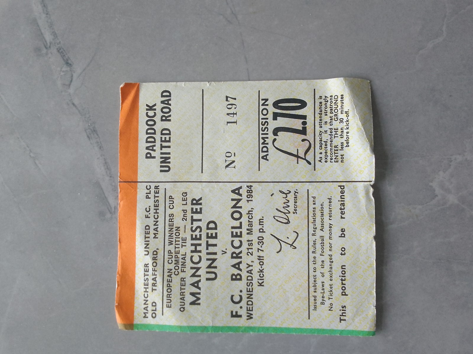 Manchester United v Barcelona Cup Winners Cup Match Ticket Stub March 1984 for sale on Ebay