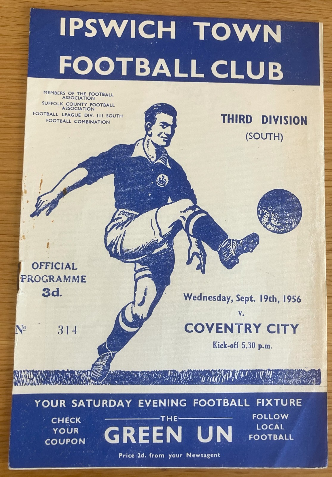 Ipswich Town v Coventry City 19th September 1956 IPSWICH CHAMPIONS for sale on Ebay