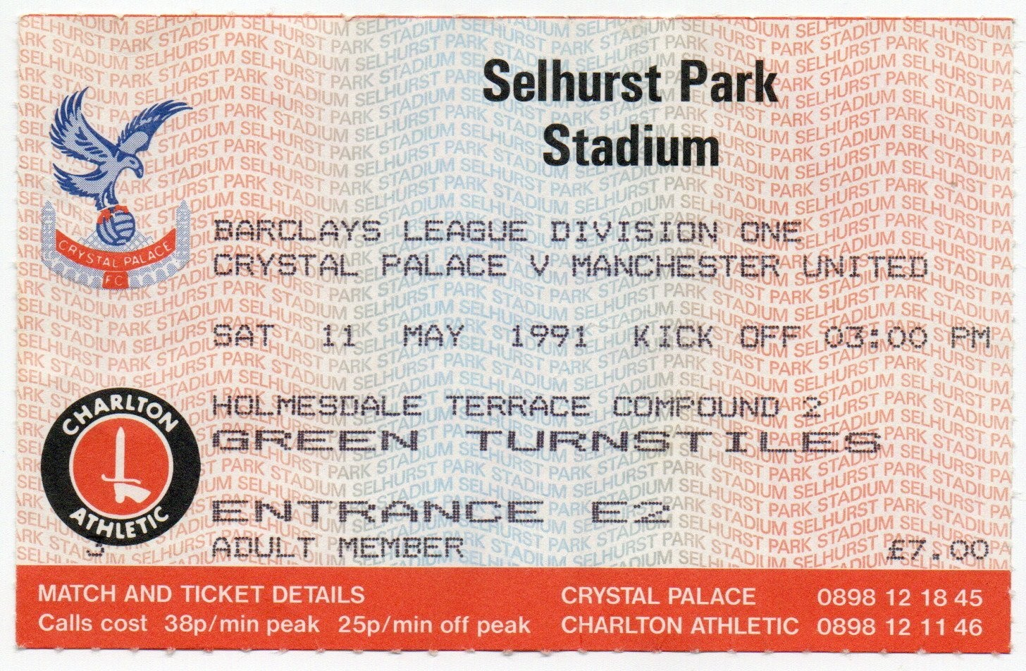 CRYSTAL PALACE v MANCHESTER UNITED TICKET STUB 1990-91 for sale on Ebay