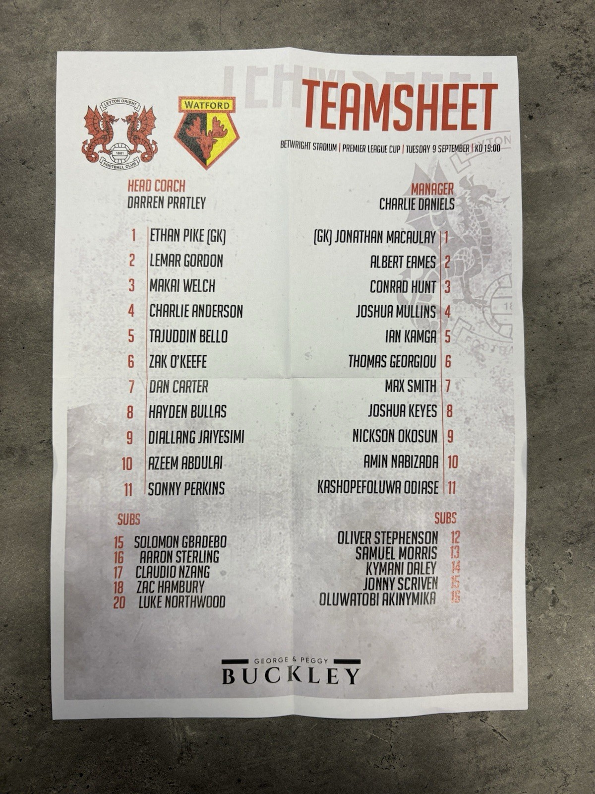 LEYTON ORIENT U21 v WATFORD U21 PLC 25/26 for sale on Ebay