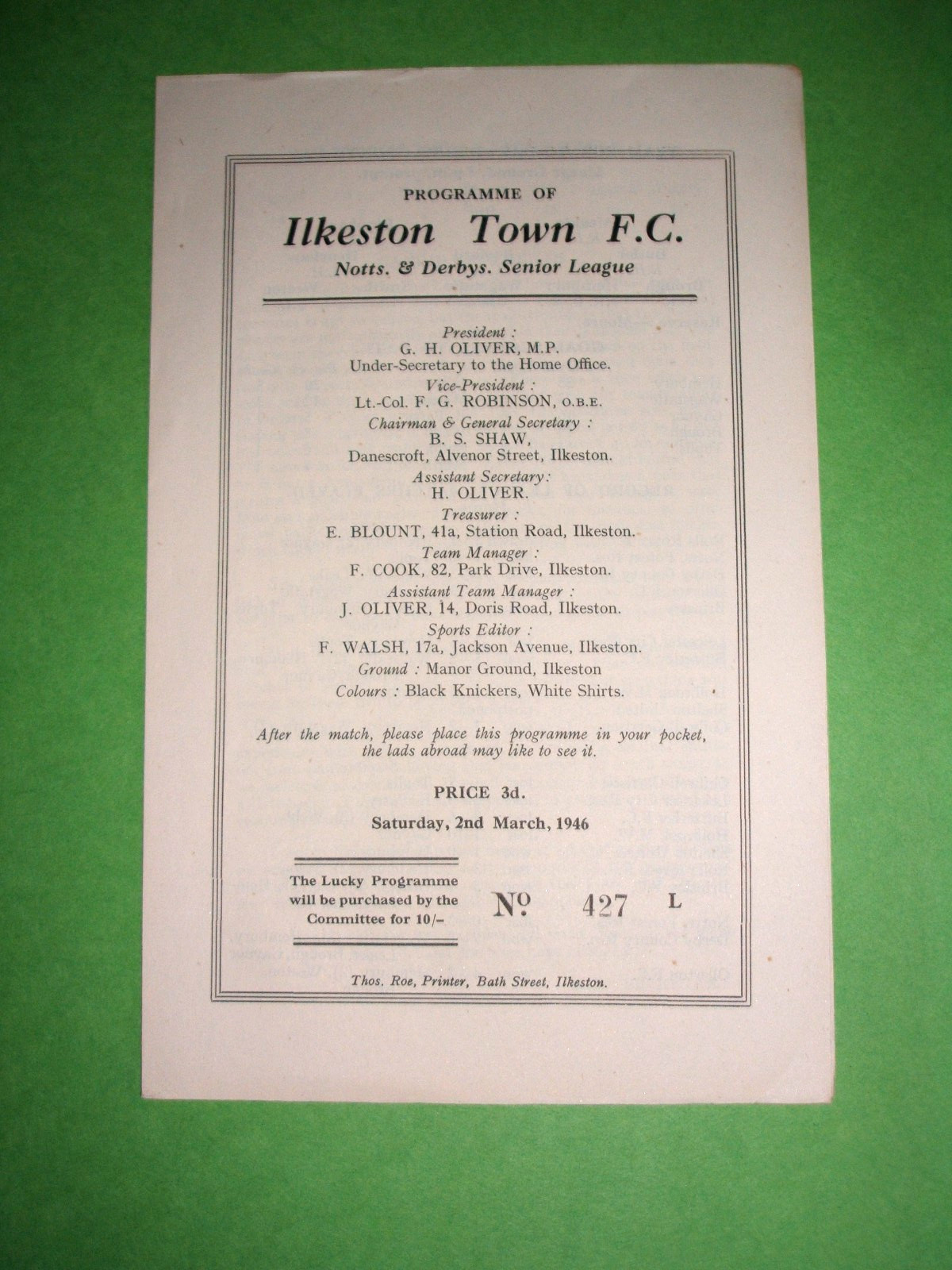 ILKESTON TOWN V DERBY COUNTY A 02-03-1946 for sale on Ebay