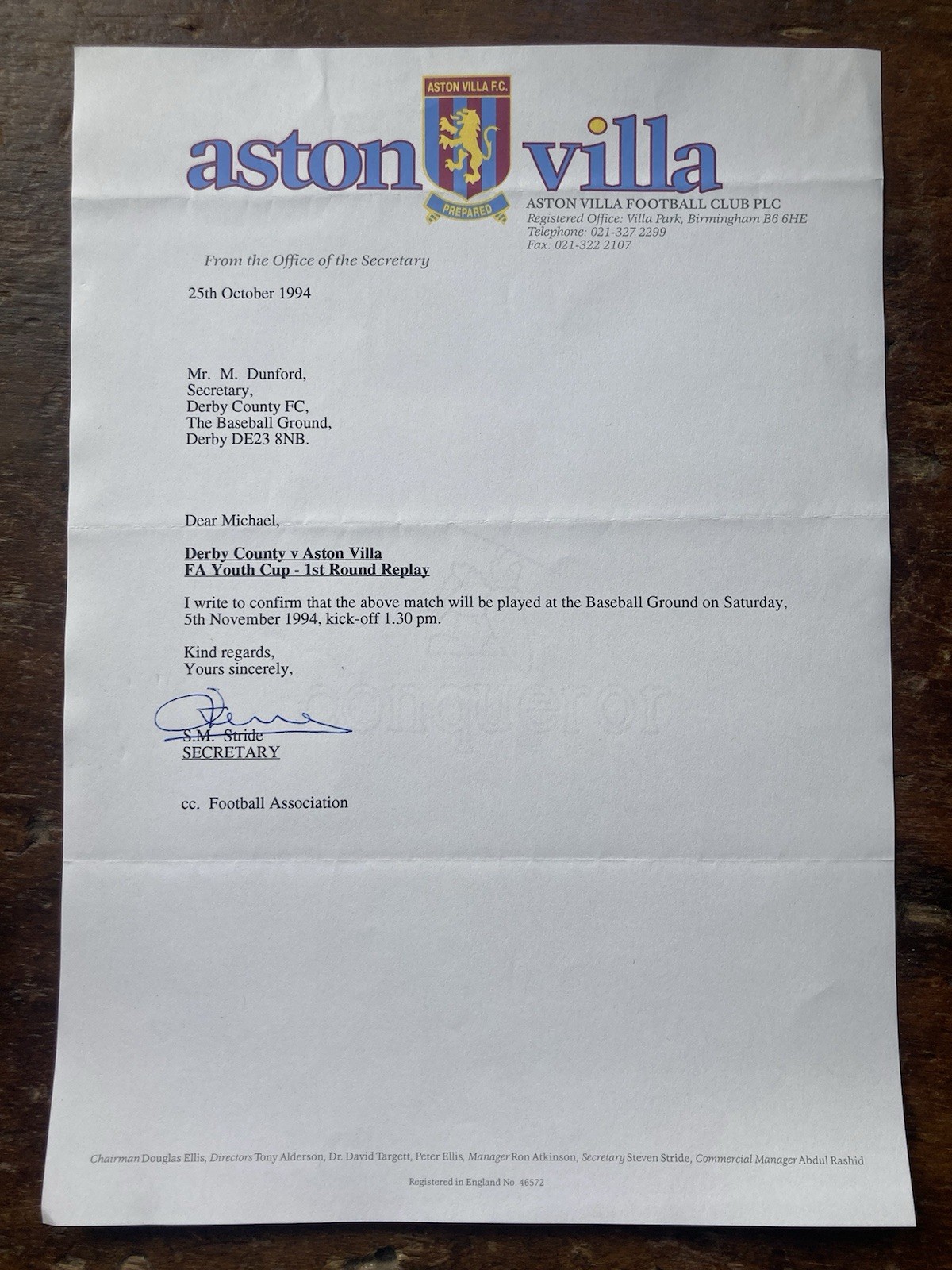 Oct 1994 Aston Villa Letter To Derby County re Baseball Ground Reserve Game. for sale on Ebay