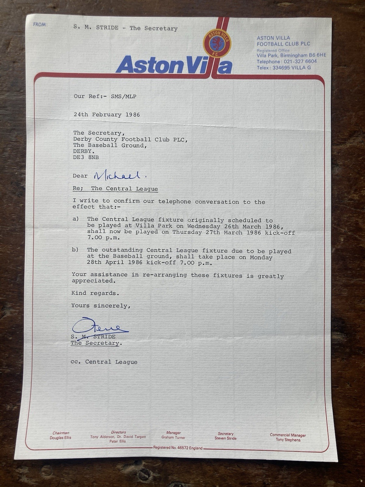 24th Feb 1986 Aston Villa Letter To Derby County re Villa Park Reserve Game. for sale on Ebay
