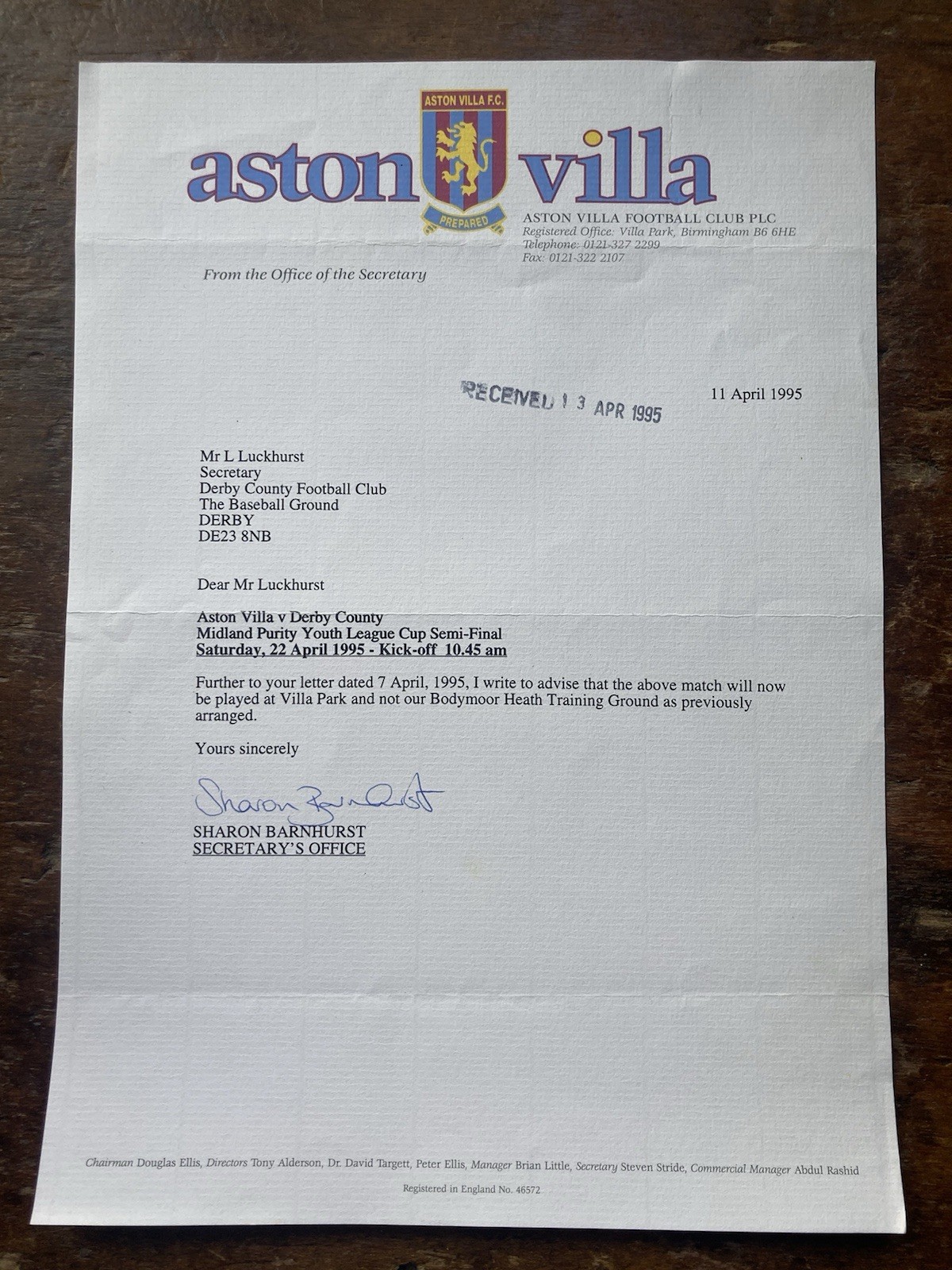 April 1995 Aston Villa Letter To Derby County re Bodymoor Heath Reserve Game. for sale on Ebay