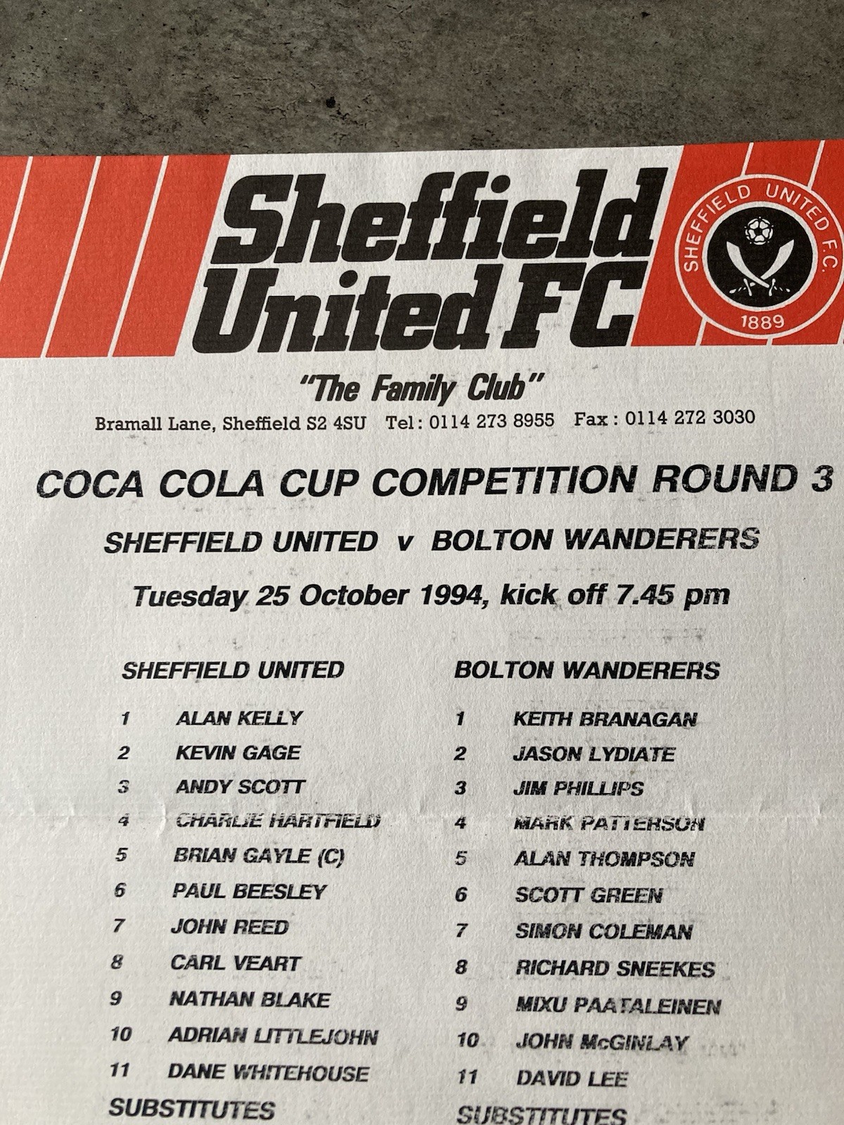 Sheffield United v Bolton Wanderers team sheet 25/10/1994 Coca Cola Cup Round 3 for sale on Ebay