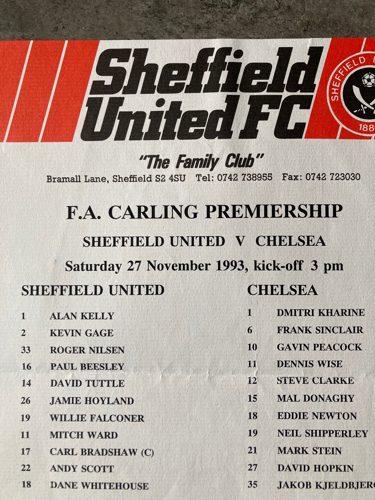 Sheffield United v Chelsea team sheet 27/11/1993 FA Carling Premiership  for sale on Ebay