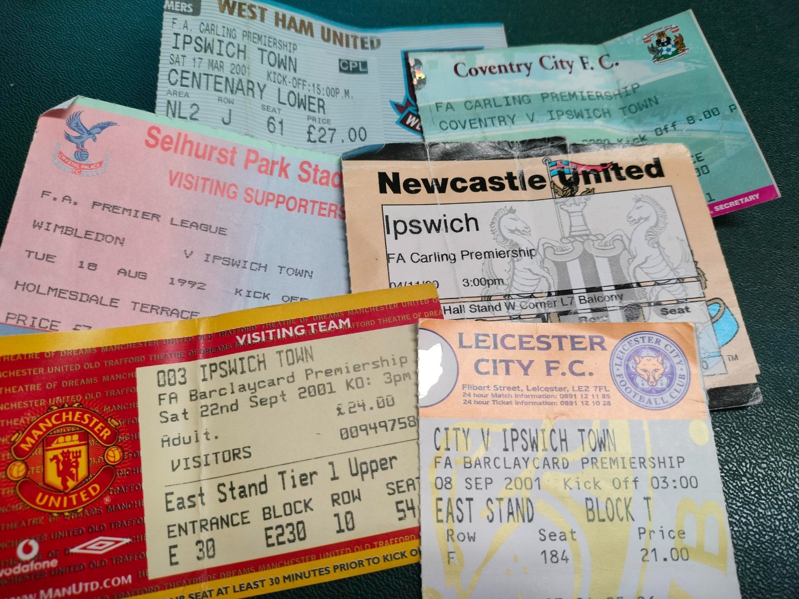 6 x Ipswich Town away match football ticket stubbs, very low price 90s and 00's for sale on Ebay