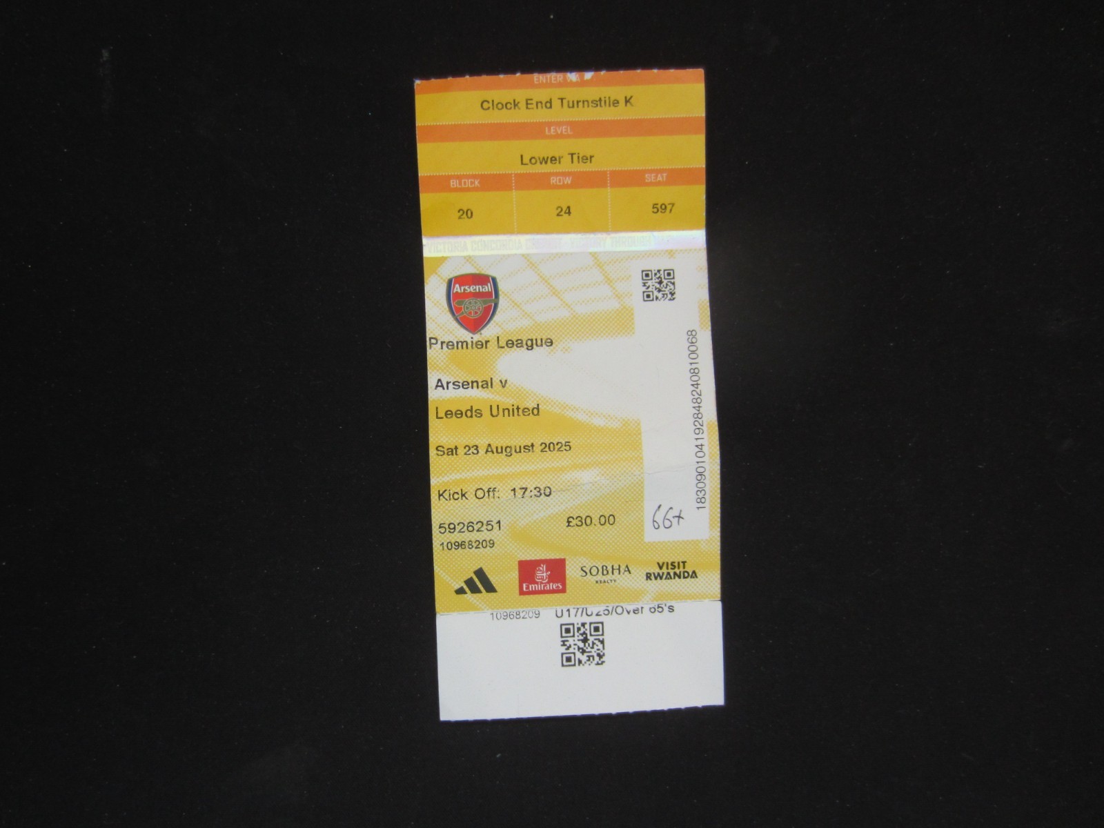 2025-26 PREMIERSHIP ARSENAL v LEEDS UNITED TICKET STUB for sale on Ebay