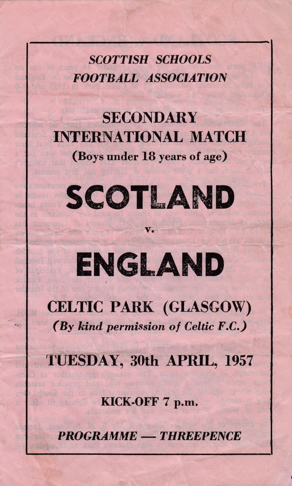 SCOTLAND U18 V ENGLAND U18 30/4/1957 YOUTH INTERNATIONAL CELTIC PARK for sale on Ebay