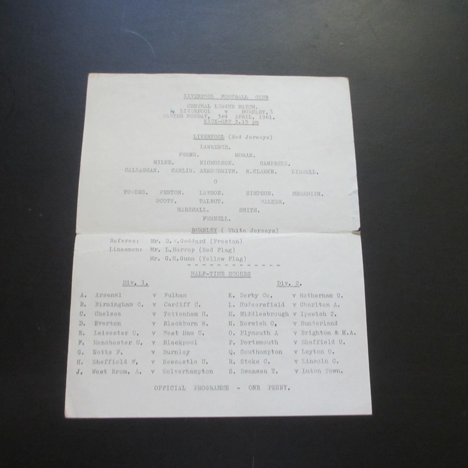 Liverpool Res v Burnley Res Central Lge 1960/1 - Single Sheet for sale on Ebay