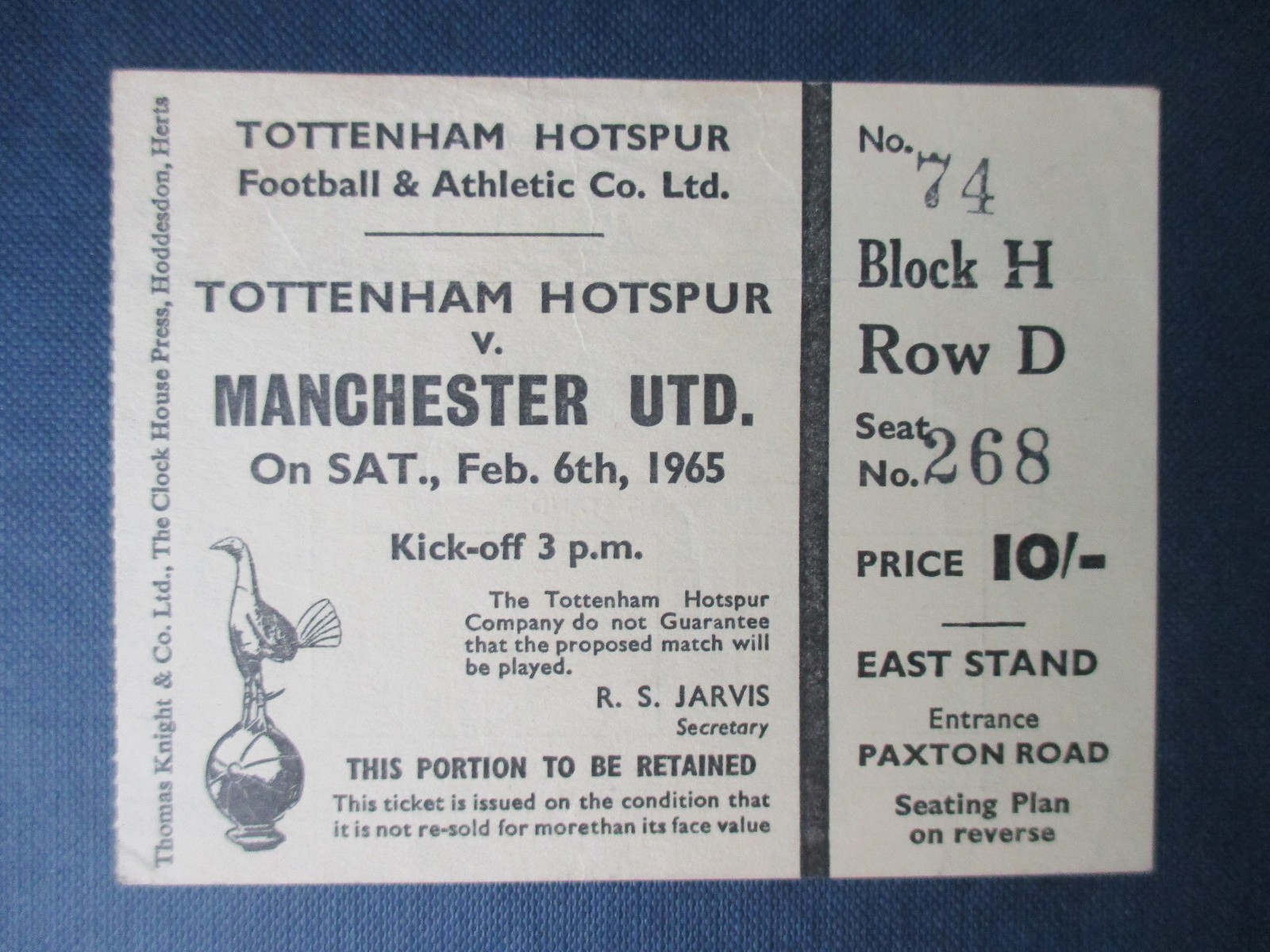 Tottenham Hotspur v Manchester United First Division Feb 1965 used ticket stub for sale on Ebay