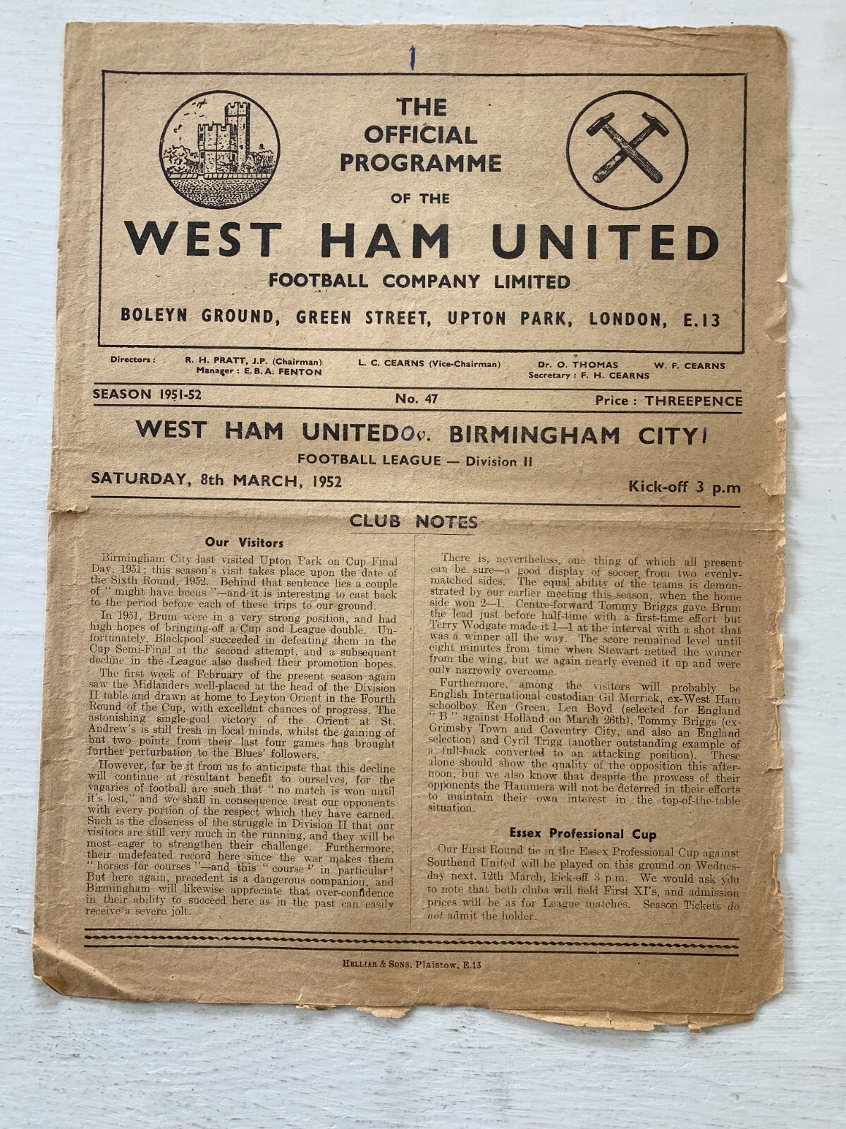 West Ham United v Birmingham City - Division 2 1951/52 - 8 March 1952 for sale on Ebay