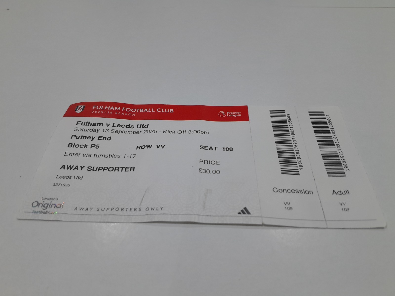 Fulham V Leeds United  13/09/2025 1-0 Genuine Issued Paper Ticket Kevin Debut for sale on Ebay