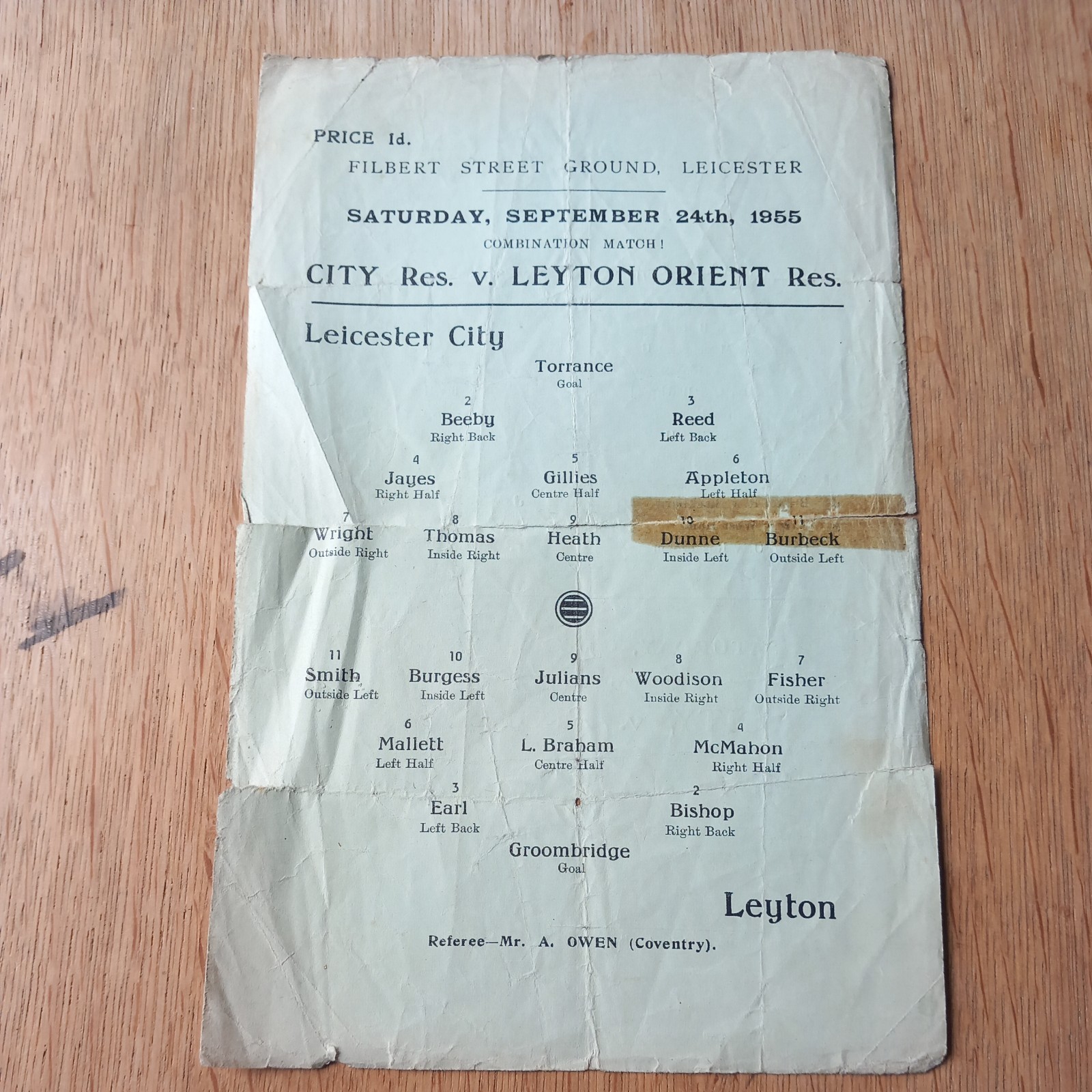 1955/56 Leicester City Reserves vs Leyton Orient Reserves - Football Combination for sale on Ebay