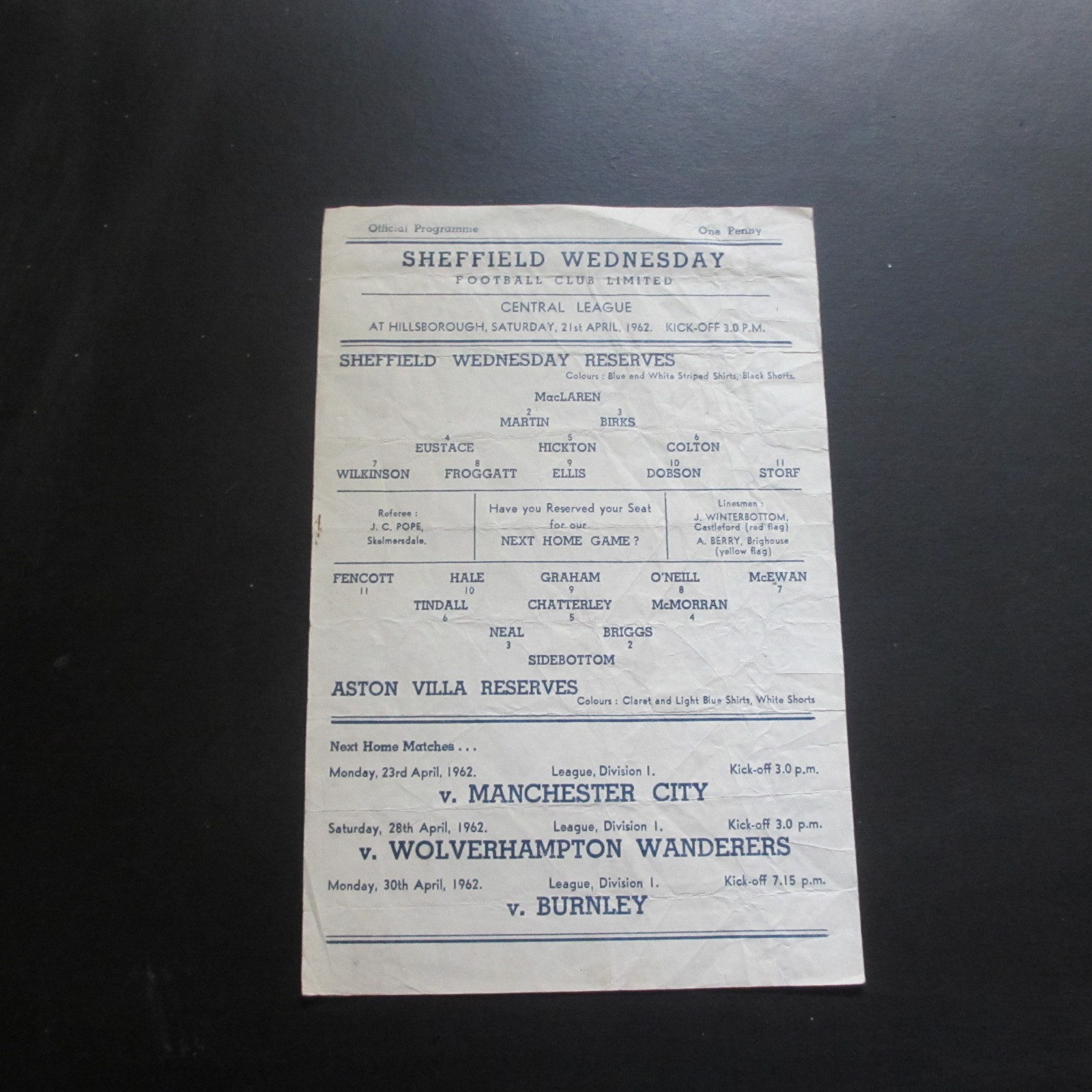 Sheffield Weds Res v Aston Villa Res Central Lge 1961/2 - Single Sheet for sale on Ebay