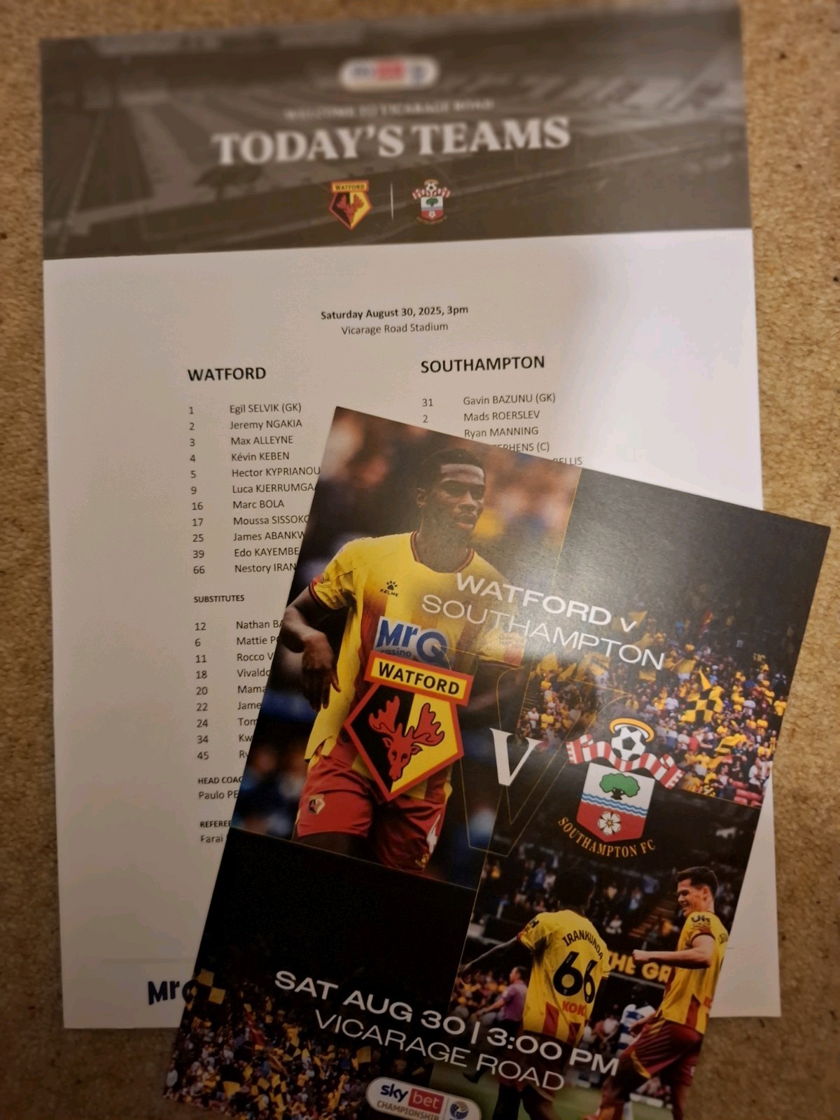 Watford v Southampton Programme Squad Sheet + Teamsheet 30.08.2025.  for sale on Ebay